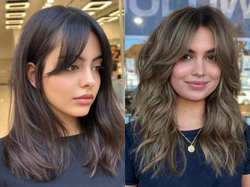 layered hair with curtain bangs